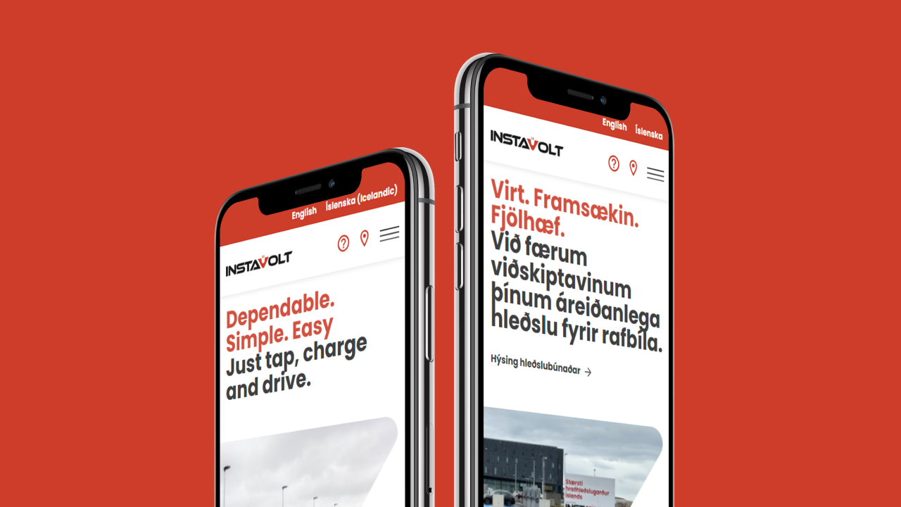 Two phones showing the same screen in English and Icelandic
