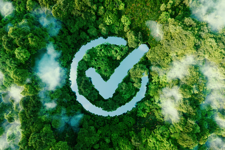 A large forest with a lake in the shape of a tick