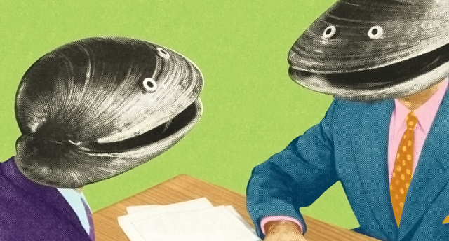 Two people with clams for heads having a business meeting